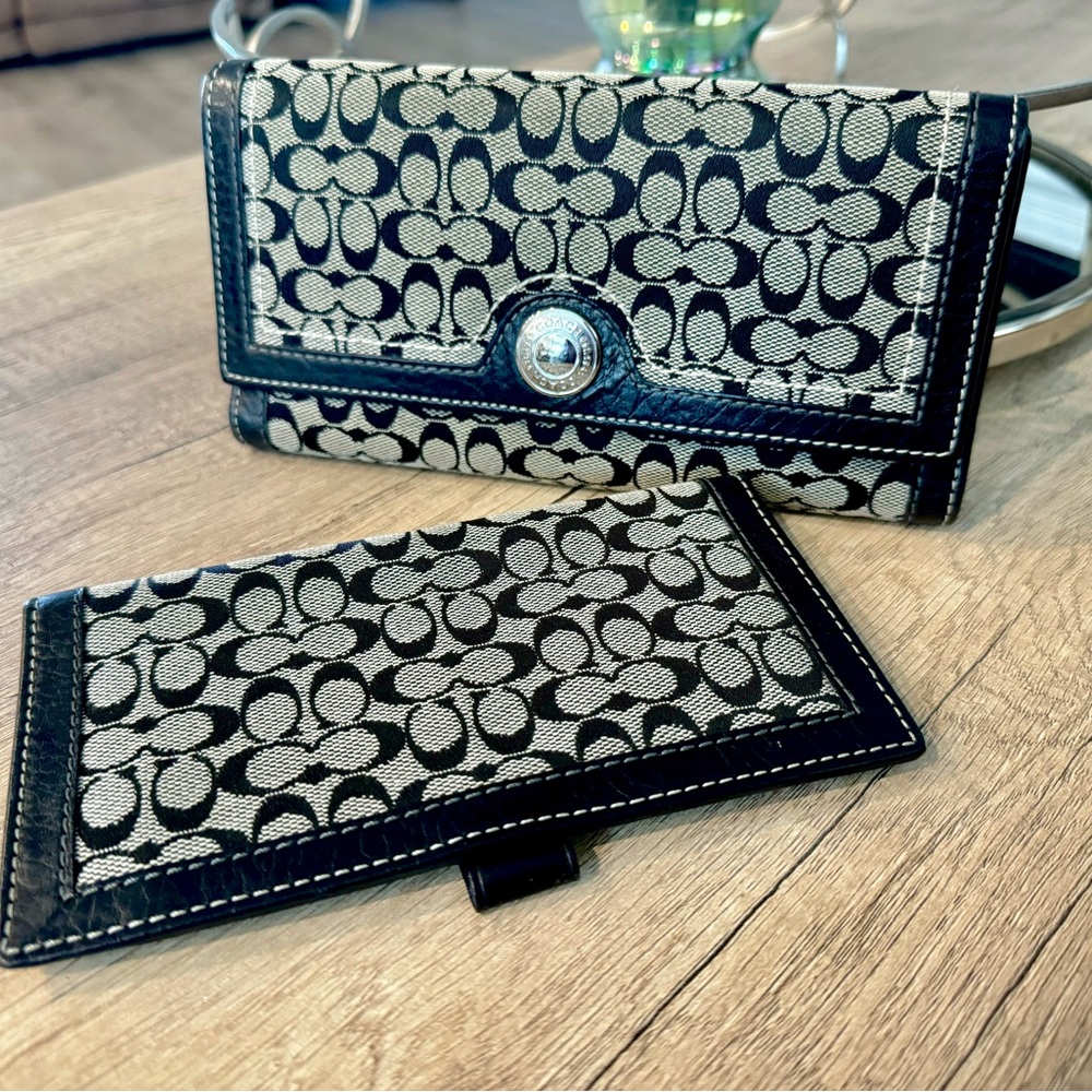 Coach signature canvas monogram black gray set wallet card holder GUC